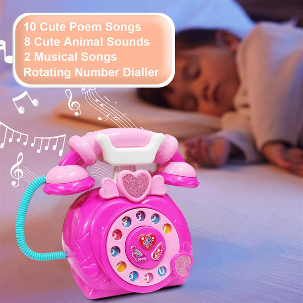 VGRASSP Classic Dial Receiver Simulation Telephone Toy for Kids - Rotating Number Dial with Calling Sound Effect - Storytelling Toy Phone Accompanied with Lights - Color As Per Stock
